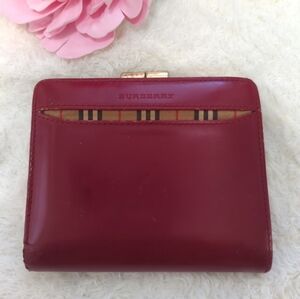 Burberry Red Leather Wallet Vintage Check Kisslock Bifold Gold Hardware